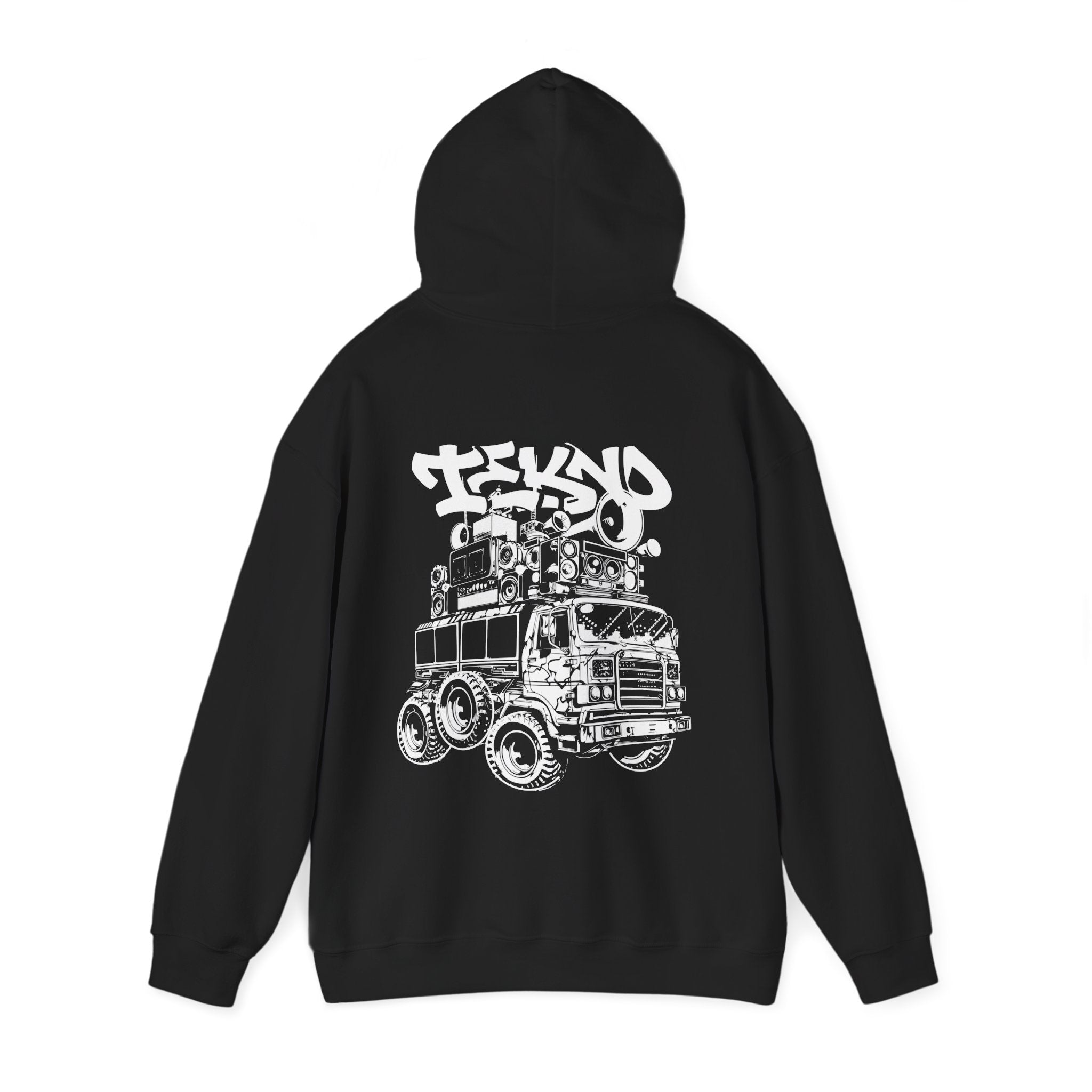 Tekno Track Unisex Hoodie, Black Graphic Sweatshirt for Rave Lovers, Music Events, Streetwear,